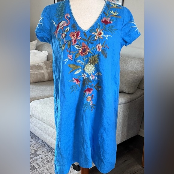 Johnny Was Nohea Linen Drape Tunic Dress Size Small Flamingo Pineapple Floral - Picture 4 of 11